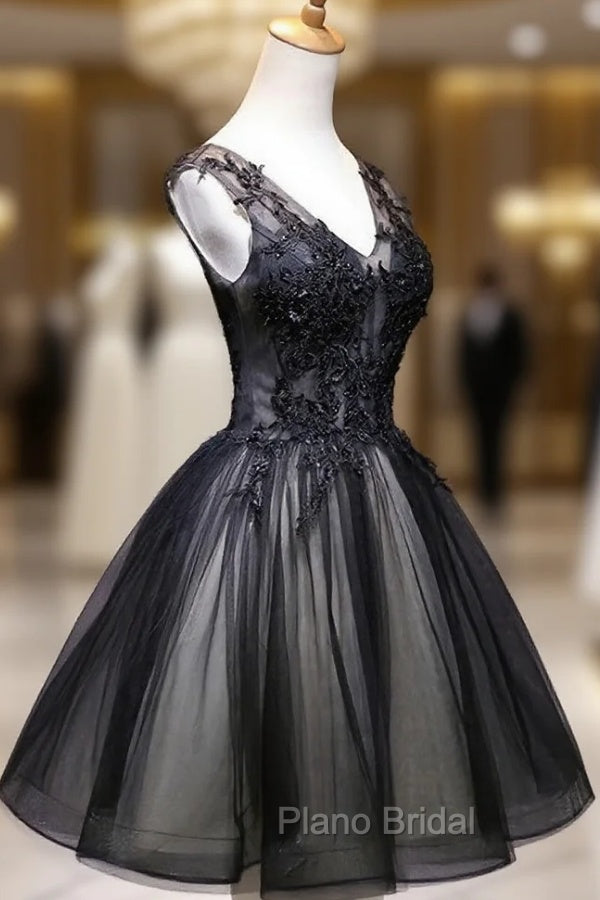 Adorable Black V-neckline Lace and Tulle Party Dresses, Short Formal Prom Dresses Secondary image