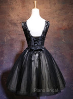 Adorable Black V-neckline Lace and Tulle Party Dresses, Short Formal Prom Dresses