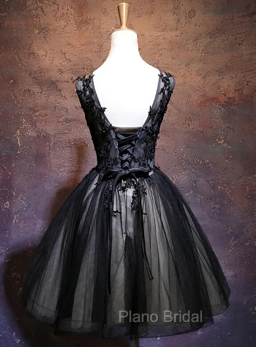 Adorable Black V-neckline Lace and Tulle Party Dresses, Short Formal Prom Dresses