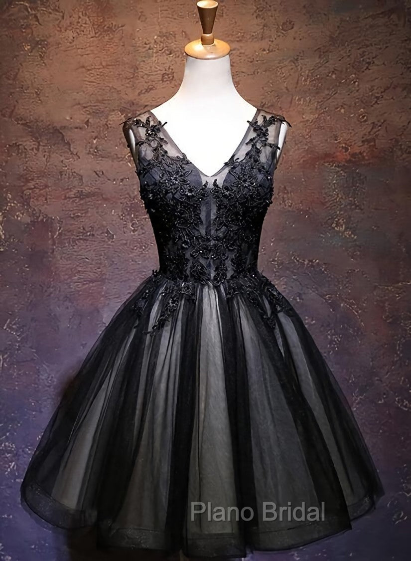 Adorable Black V-neckline Lace and Tulle Party Dresses, Short Formal Prom Dresses Main image