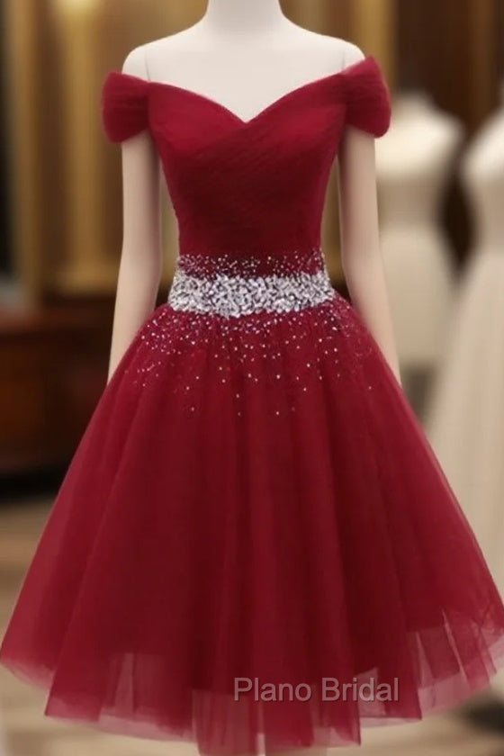 Adorable Dark Red Homecoming Dresses , Tulle Off the Shoulder Party Dresses Main image