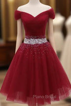 Adorable Dark Red Homecoming Dresses , Tulle Off the Shoulder Party Dresses