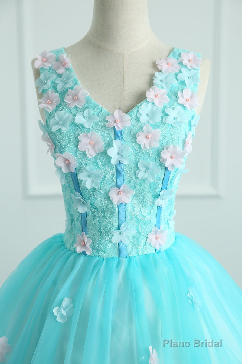 Adorable Light Blue Tulle with Flowers Floor Length Ball Gown Formal Dress, Blue Sweet 16 Dresses Secondary image