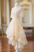 Adorable Light Champagne High Low Party Dresses with Lace Applique, Short Homecoming Dresses