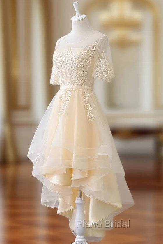 Adorable Light Champagne High Low Party Dresses with Lace Applique, Short Homecoming Dresses Main image