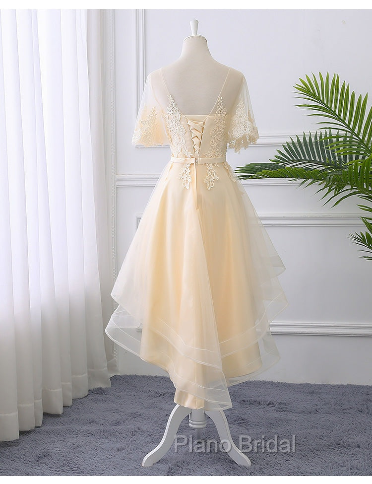 Adorable Light Champagne High Low Party Dresses with Lace Applique, Short Homecoming Dresses