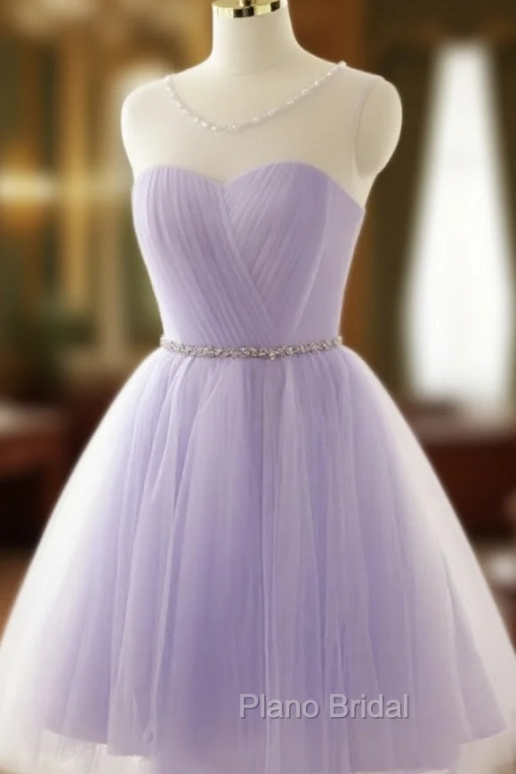 Adorable Light Purple Round Neckline Beaded Short Formal Prom Dresses, Cute Homecoming Dresses Main image