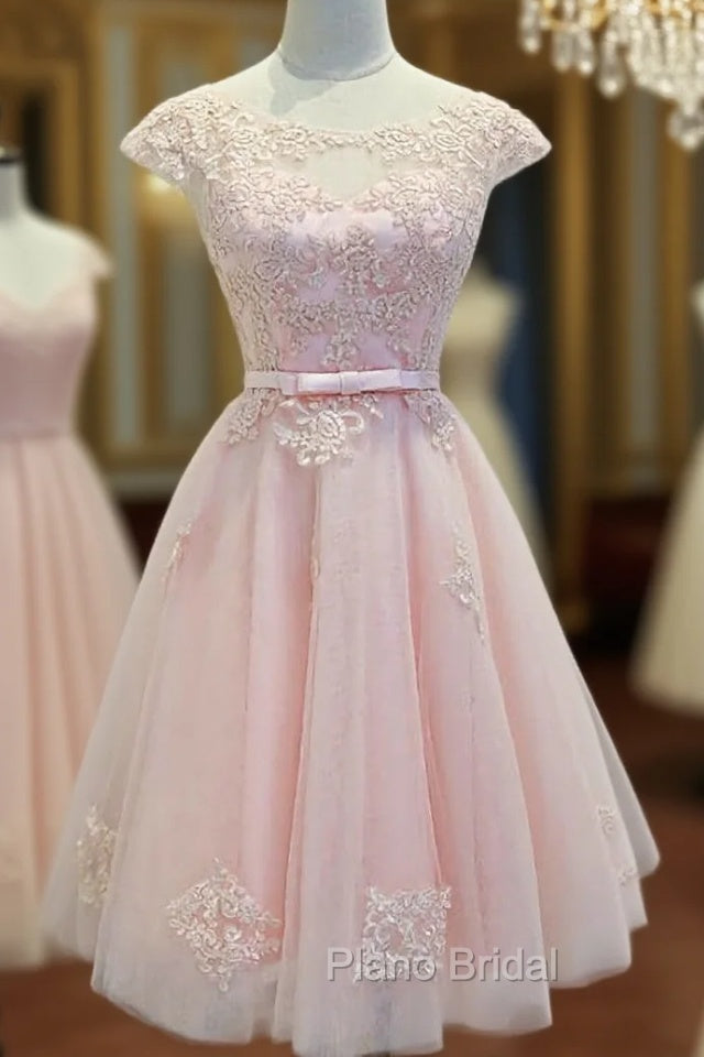 Adorable Pink Knee Length Party Dresses, Lace Applique Cute Homecoming Dresses Main image