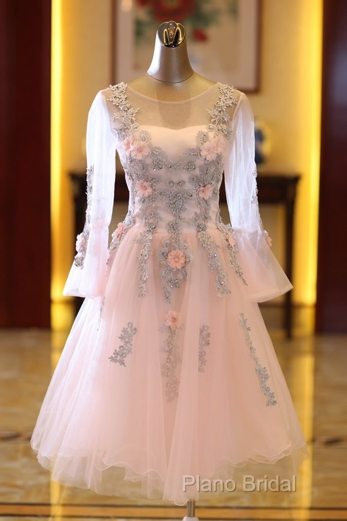 Adorable Pink Tulle Knee Length Long Sleeves Party Dresses, Pink Homecoming Dresses