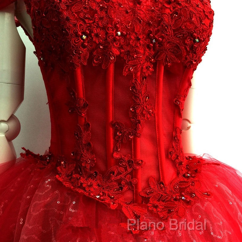 Adorable Red Sweetheart Shiny Tulle Off Shoulder Short Homecoming Dresses, Red Party Dresses Secondary image