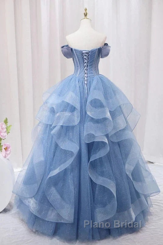 Adult Dresses A-Line Blue Sheer Long Ball Dresses Blue Sweet Dresses Off Shoulder Formal Prom Dresses Secondary image