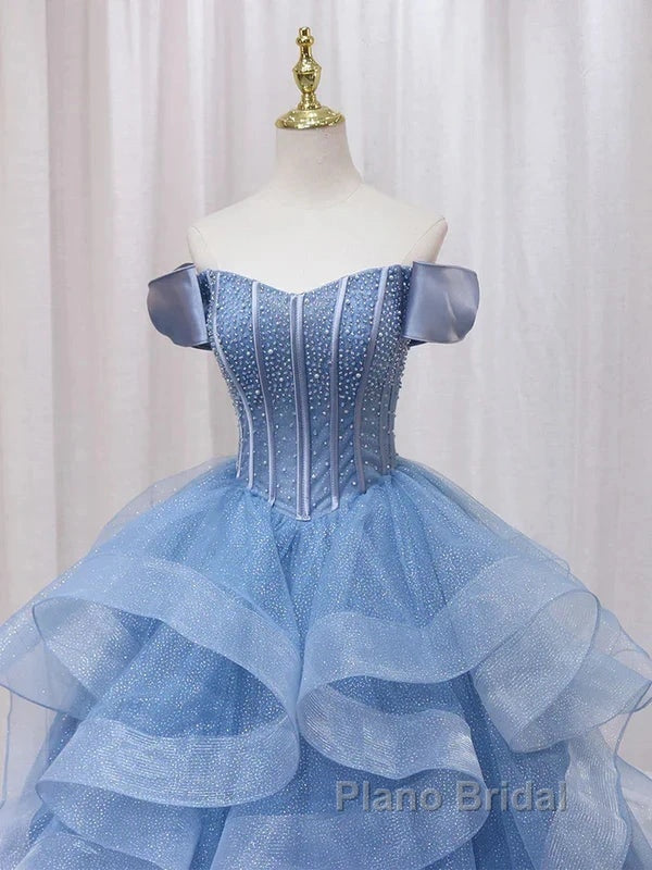 Adult Dresses A-Line Blue Sheer Long Ball Dresses Blue Sweet Dresses Off Shoulder Formal Prom Dresses