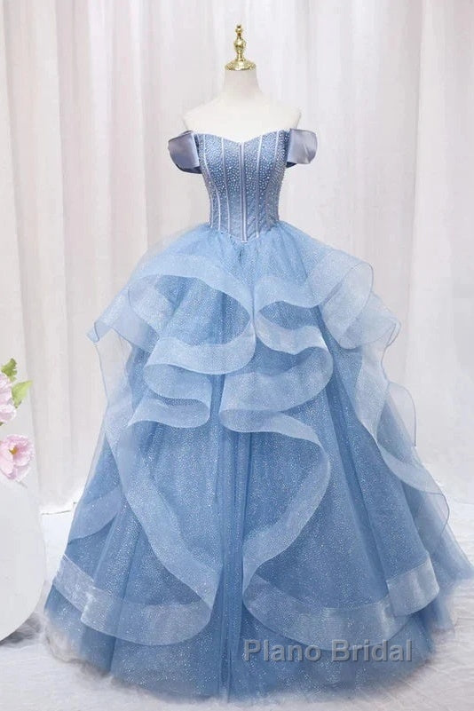 Adult Dresses A-Line Blue Sheer Long Ball Dresses Blue Sweet Dresses Off Shoulder Formal Prom Dresses