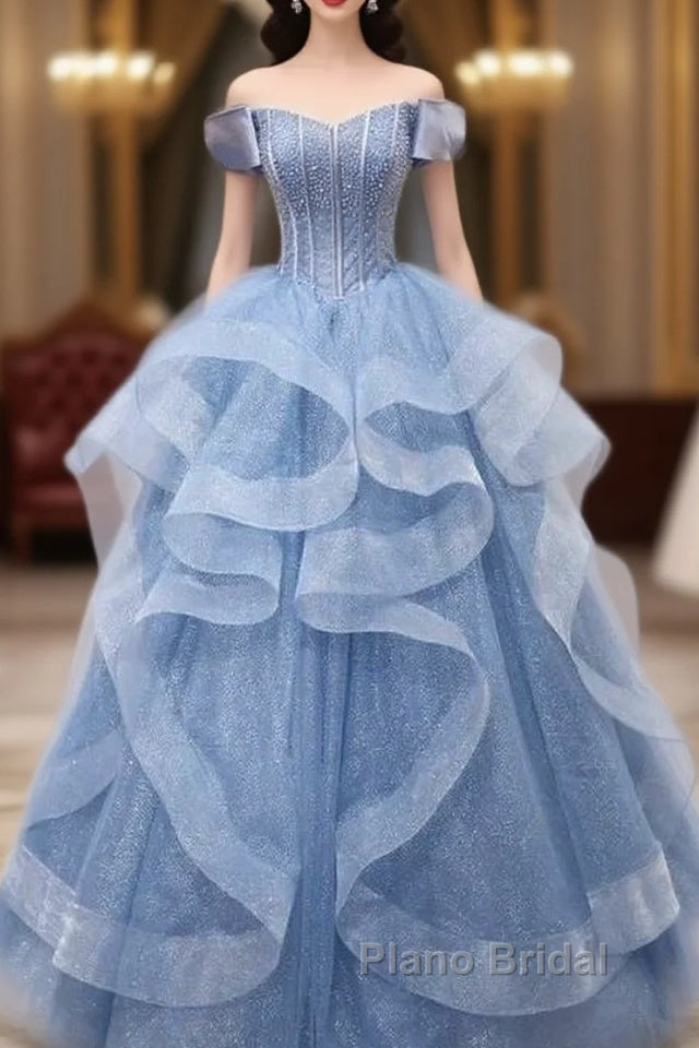 Adult Dresses A-Line Blue Sheer Long Ball Dresses Blue Sweet Dresses Off Shoulder Formal Prom Dresses Main image