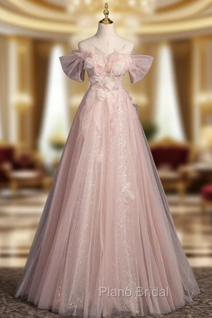 Advanced Pink Tulle Sequins Off the Shoulder Formal Prom Dresses Main image