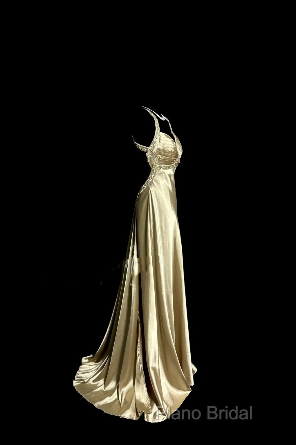 Aesthetic A Line Halter Neckline Champagne Satin Formal Prom Dresses Ruffle Long Party Dresses Secondary image