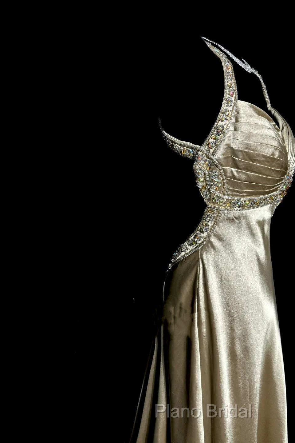 Aesthetic A Line Halter Neckline Champagne Satin Formal Prom Dresses Ruffle Long Party Dresses