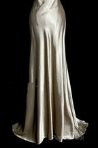 Aesthetic A Line Halter Neckline Champagne Satin Formal Prom Dresses Ruffle Long Party Dresses