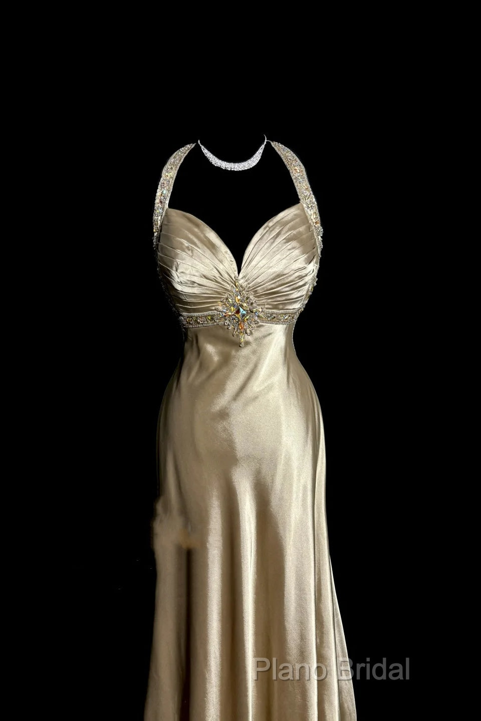 Aesthetic A Line Halter Neckline Champagne Satin Formal Prom Dresses Ruffle Long Party Dresses