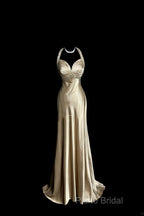 Aesthetic A Line Halter Neckline Champagne Satin Formal Prom Dresses Ruffle Long Party Dresses