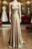 Aesthetic A Line Halter Neckline Champagne Satin Formal Prom Dresses Ruffle Long Party Dresses