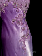 Aesthetic A Line Halter Neckline Lilac Satin Formal Prom Dresses Ruffle Long Party Dresses
