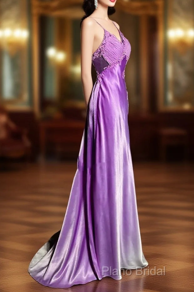 Aesthetic A Line Halter Neckline Lilac Satin Formal Prom Dresses Ruffle Long Party Dresses Main image