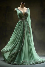 Aesthetic A-Line V Neckline Green Tulle  Long Formal Prom Dresses Sweet Beaded Evening Dresses