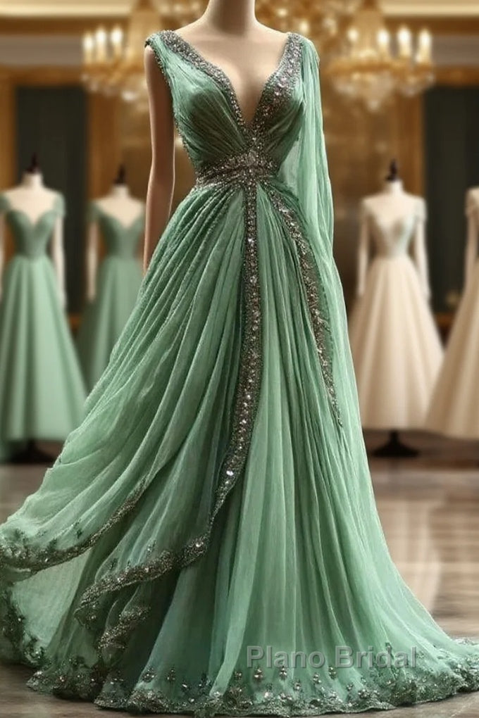 Aesthetic A-Line V Neckline Green Tulle  Long Formal Prom Dresses Sweet Beaded Evening Dresses Main image