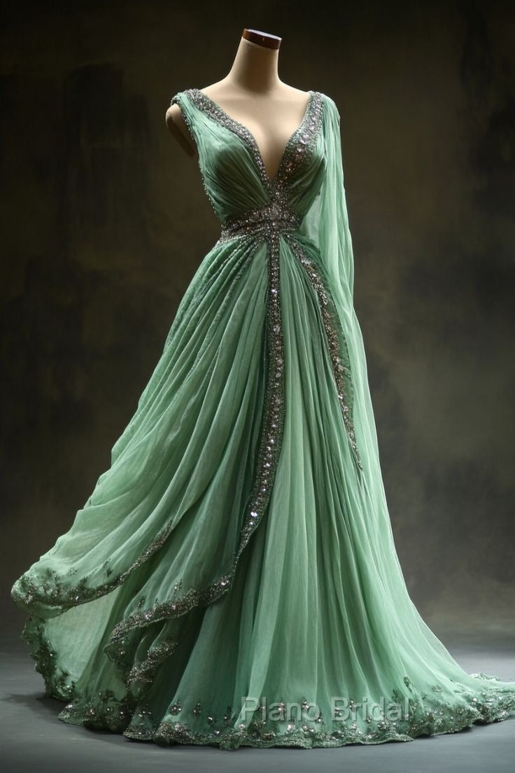 Aesthetic Ball Gown V Neckline Green Tulle Party Dresses Long Formal Prom Dresses Evening Dresses