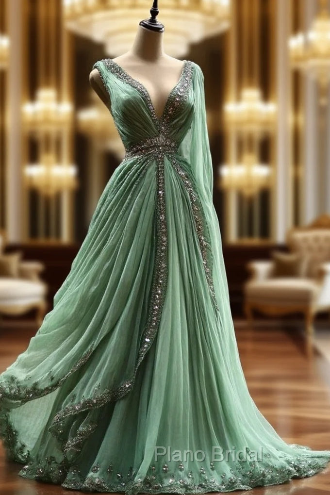 Aesthetic Ball Gown V Neckline Green Tulle Party Dresses Long Formal Prom Dresses Evening Dresses Main image