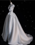 Aesthetic Ball Gown V Neckline Satin White Long Wedding Dresses Brides Dresses