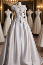 Aesthetic Ball Gown V Neckline Satin White Long Wedding Dresses Brides Dresses