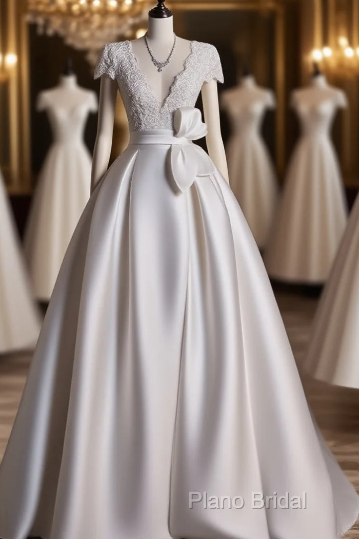 Aesthetic Ball Gown V Neckline Satin White Long Wedding Dresses Brides Dresses Main image