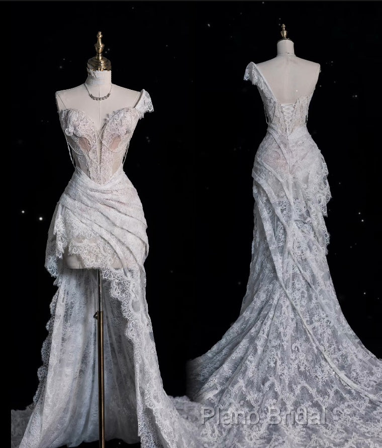 Aesthetic High Low One Shoulder Lace White Long Wedding Dresses