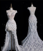 Aesthetic High Low One Shoulder Lace White Long Wedding Dresses