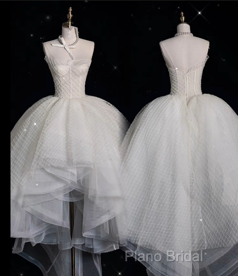 Aesthetic High Low Strapless Tulle White Long Wedding Dresses