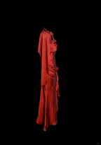 Aesthetic Mermaid Halter Neckline Red Satin Formal Prom Dresses Ruffle Long Party Dresses