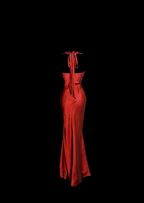 Aesthetic Mermaid Halter Neckline Red Satin Formal Prom Dresses Ruffle Long Party Dresses