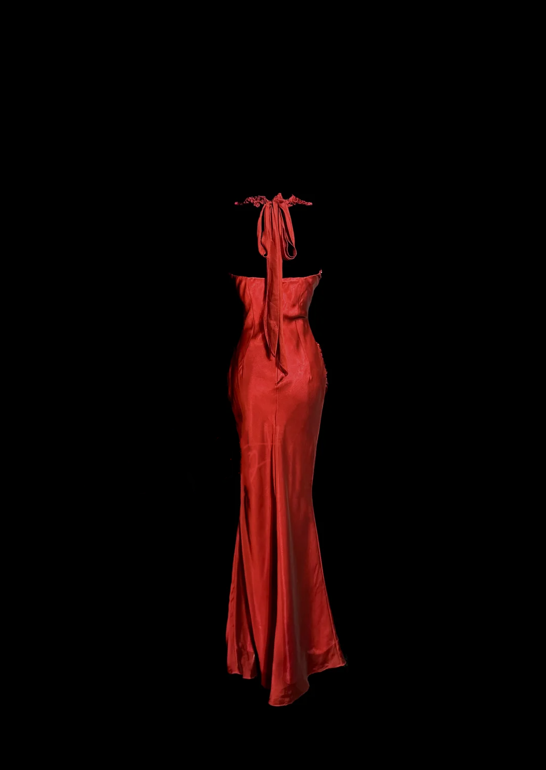 Aesthetic Mermaid Halter Neckline Red Satin Formal Prom Dresses Ruffle Long Party Dresses
