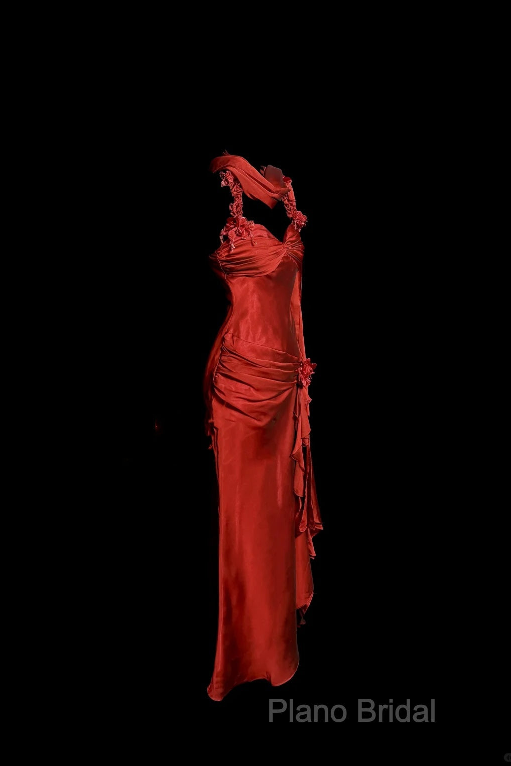 Aesthetic Mermaid Halter Neckline Red Satin Formal Prom Dresses Ruffle Long Party Dresses