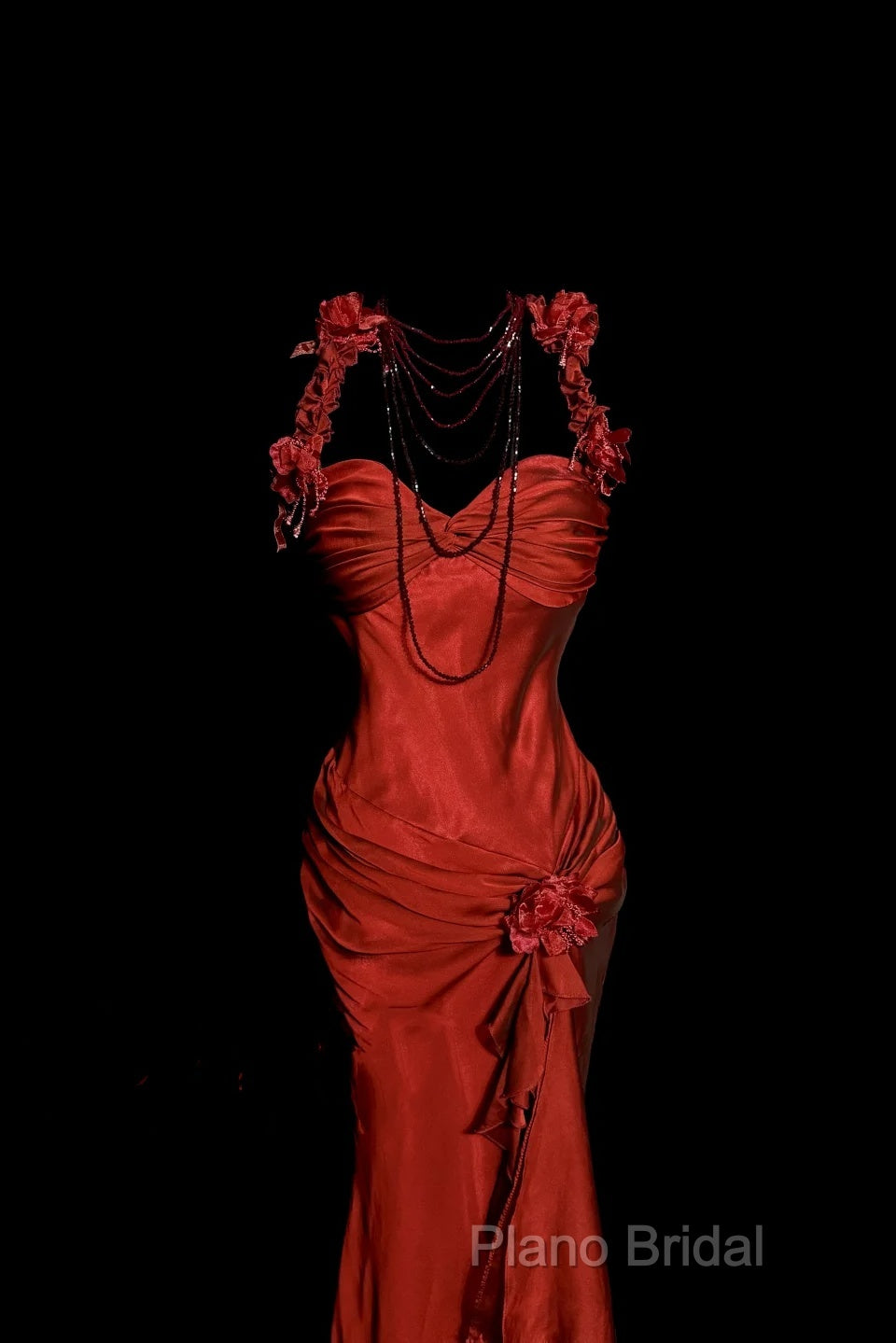 Aesthetic Mermaid Halter Neckline Red Satin Formal Prom Dresses Ruffle Long Party Dresses