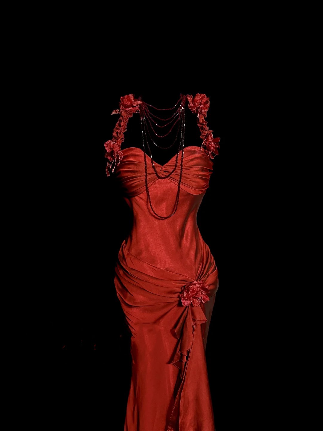Aesthetic Mermaid Halter Neckline Red Satin Formal Prom Dresses Ruffle Long Party Dresses