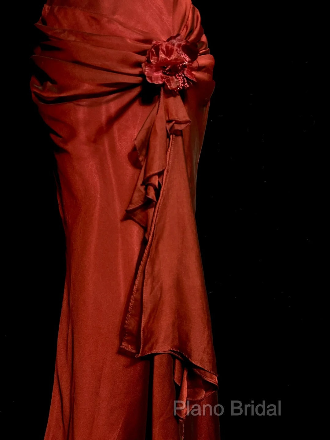 Aesthetic Mermaid Halter Neckline Red Satin Formal Prom Dresses Ruffle Long Party Dresses