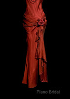 Aesthetic Mermaid Halter Neckline Red Satin Formal Prom Dresses Ruffle Long Party Dresses