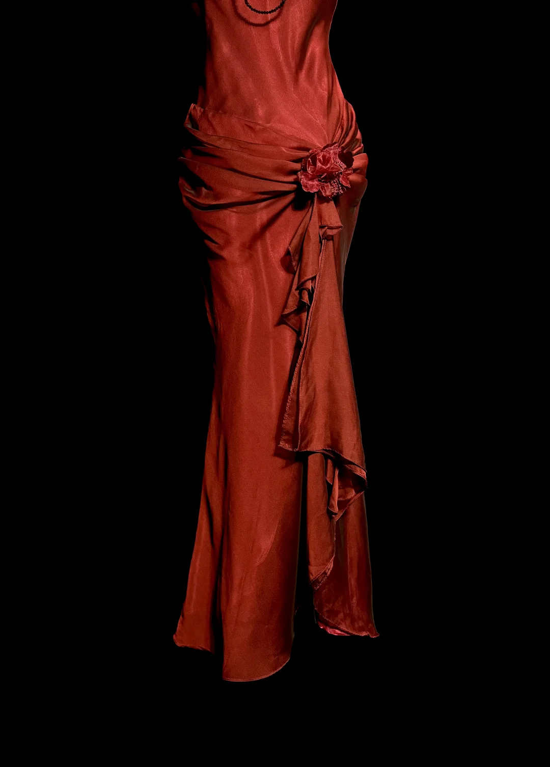 Aesthetic Mermaid Halter Neckline Red Satin Formal Prom Dresses Ruffle Long Party Dresses