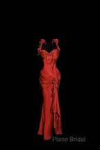 Aesthetic Mermaid Halter Neckline Red Satin Formal Prom Dresses Ruffle Long Party Dresses