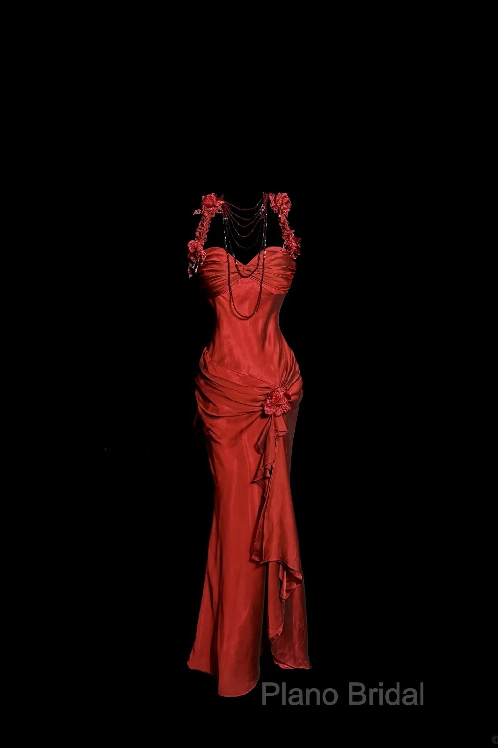 Aesthetic Mermaid Halter Neckline Red Satin Formal Prom Dresses Ruffle Long Party Dresses