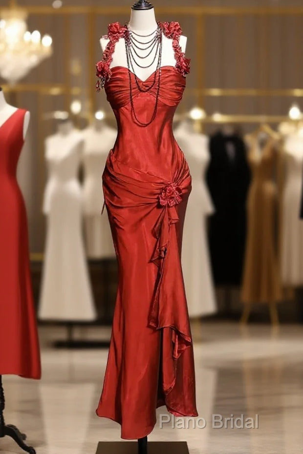 Aesthetic Mermaid Halter Neckline Red Satin Formal Prom Dresses Ruffle Long Party Dresses Main image