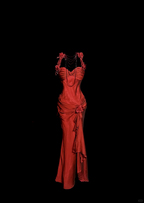 Aesthetic Mermaid Halter Neckline Red Satin Formal Prom Dresses Ruffle Long Party Dresses